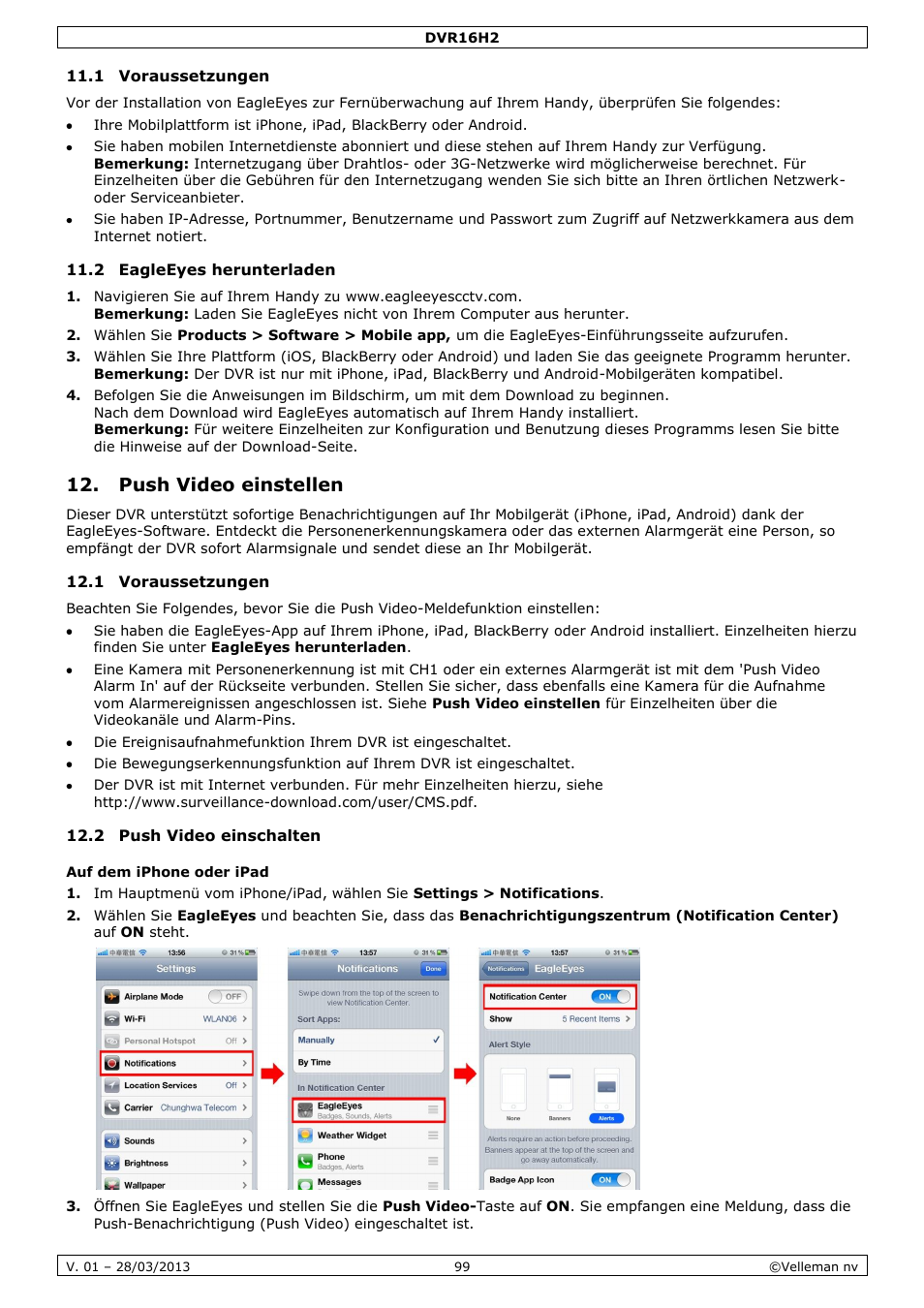 1 voraussetzungen, 2 eagleeyes herunterladen, Push video einstellen | 2 push video einschalten, Auf dem iphone oder ipad | Velleman DVR16H2 User Manual | Page 99 / 128