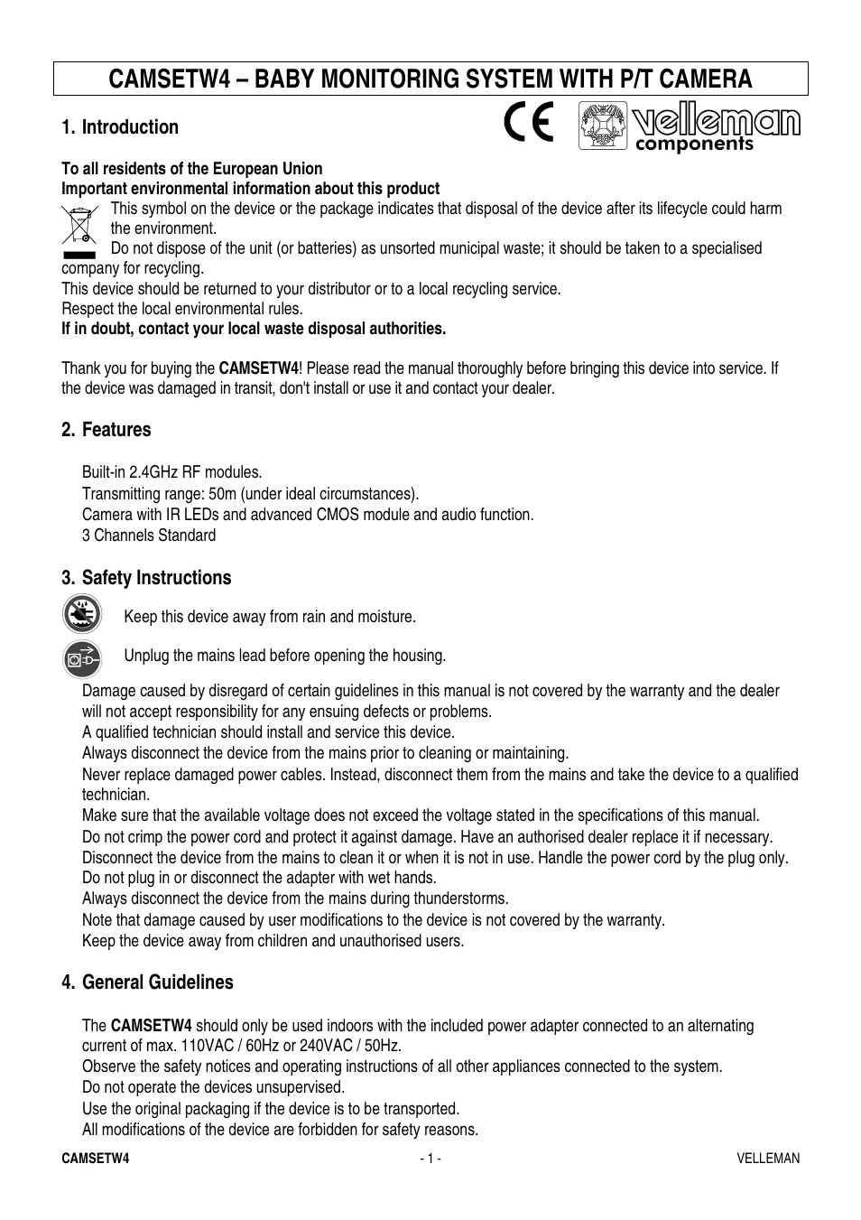 Velleman CAMSETW4 User Manual | 19 pages