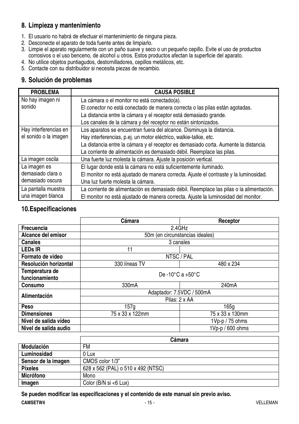 Limpieza y mantenimiento, Solución de problemas, Especificaciones | Velleman CAMSETW4 User Manual | Page 15 / 19