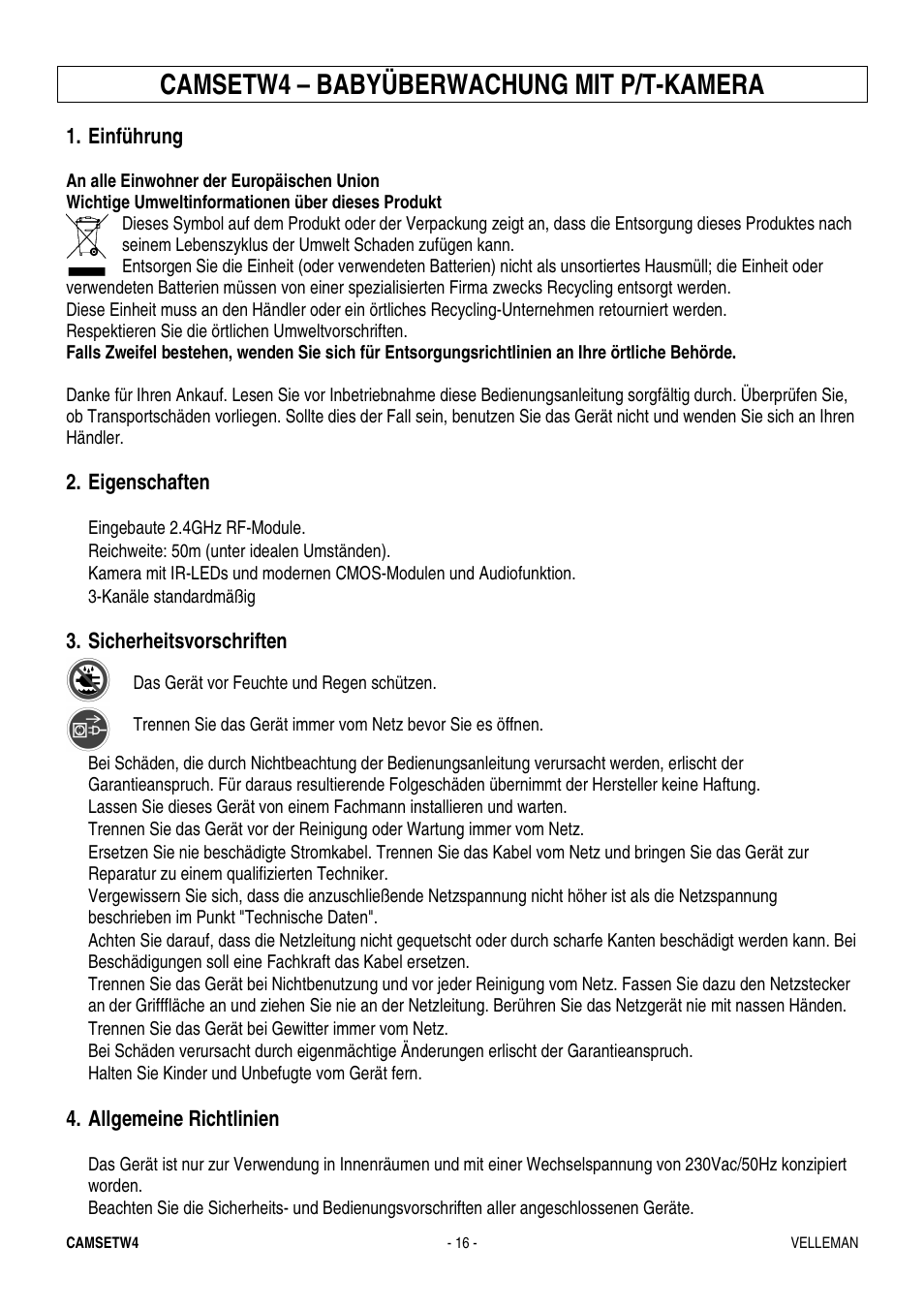 Camsetw4 – babyüberwachung mit p/t-kamera | Velleman CAMSETW4 User Manual | Page 16 / 19