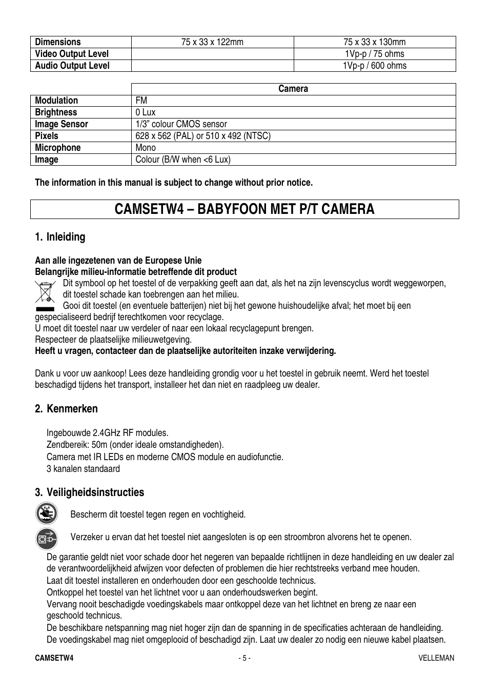 Camsetw4 – babyfoon met p/t camera | Velleman CAMSETW4 User Manual | Page 5 / 19