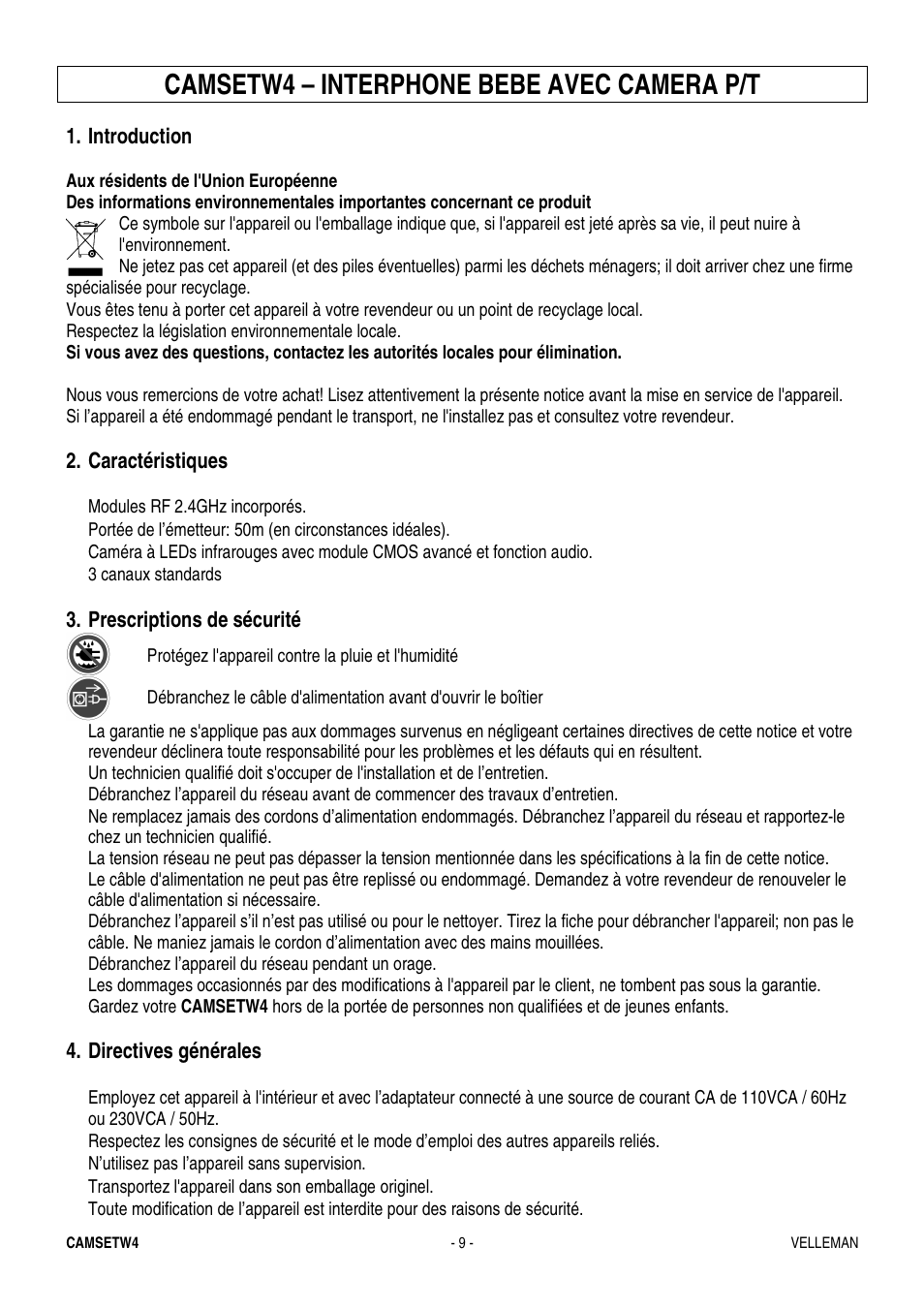 Camsetw4 – interphone bebe avec camera p/t | Velleman CAMSETW4 User Manual | Page 9 / 19