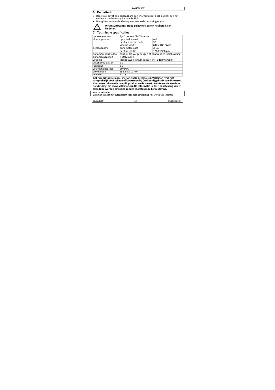 Velleman CAMCOLVC11 User Manual | Page 12 / 34