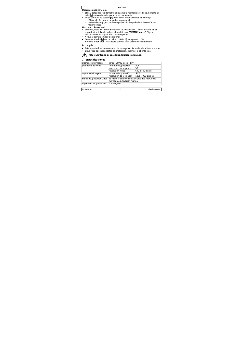 Velleman CAMCOLVC11 User Manual | Page 22 / 34