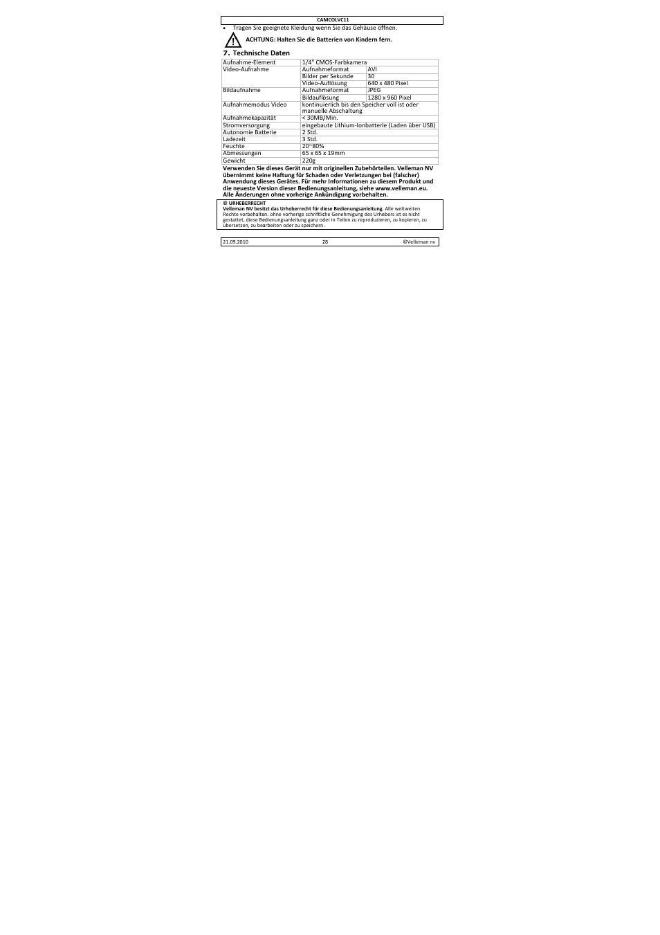 Velleman CAMCOLVC11 User Manual | Page 28 / 34