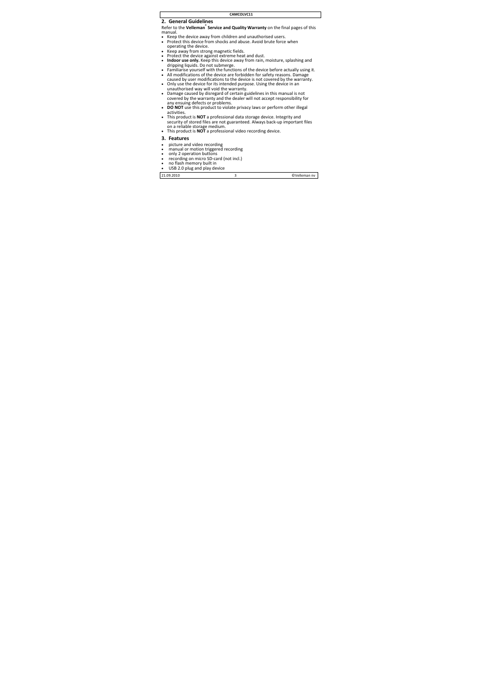 Velleman CAMCOLVC11 User Manual | Page 3 / 34