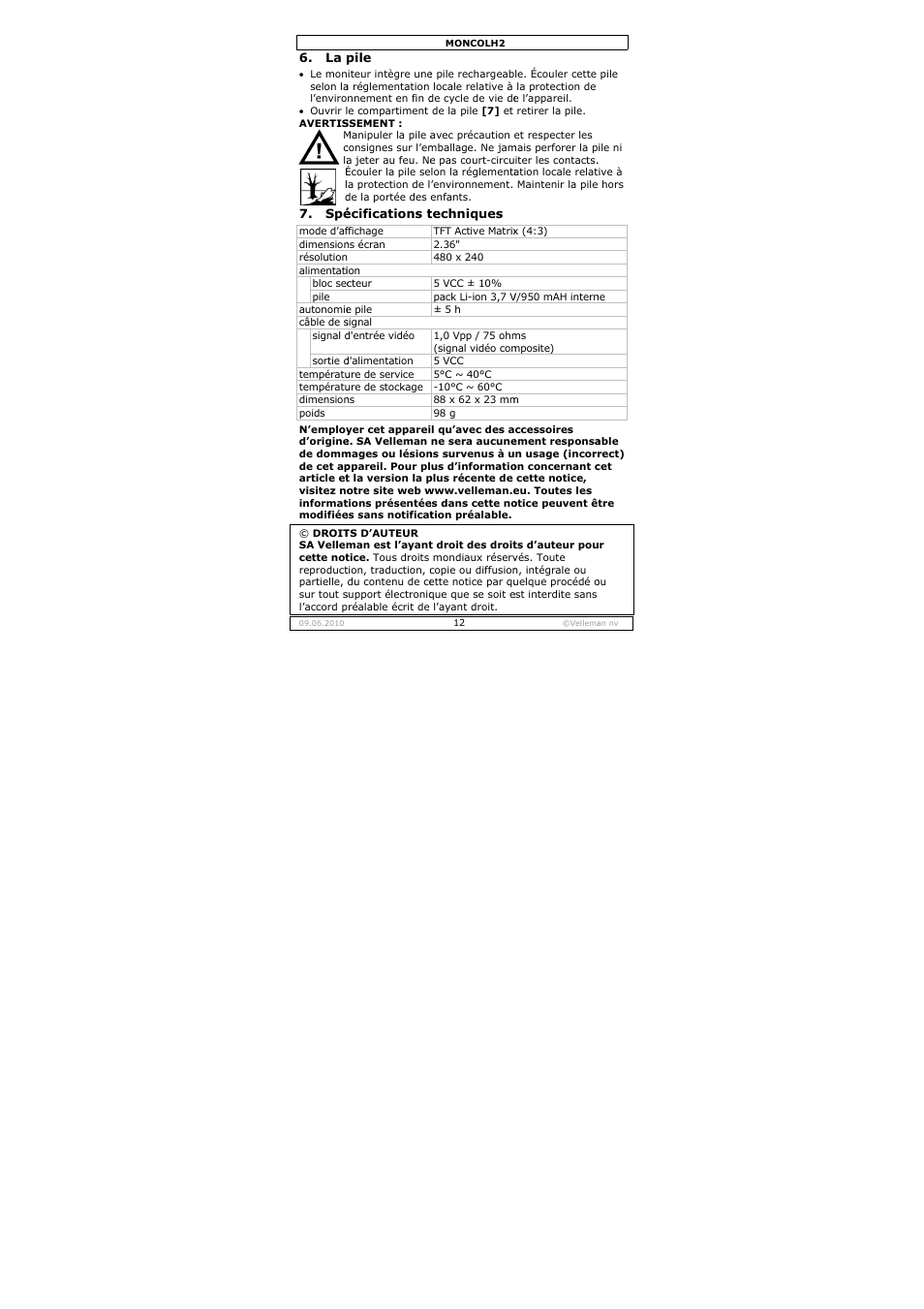 Velleman MONCOLH2 User Manual | Page 12 / 22
