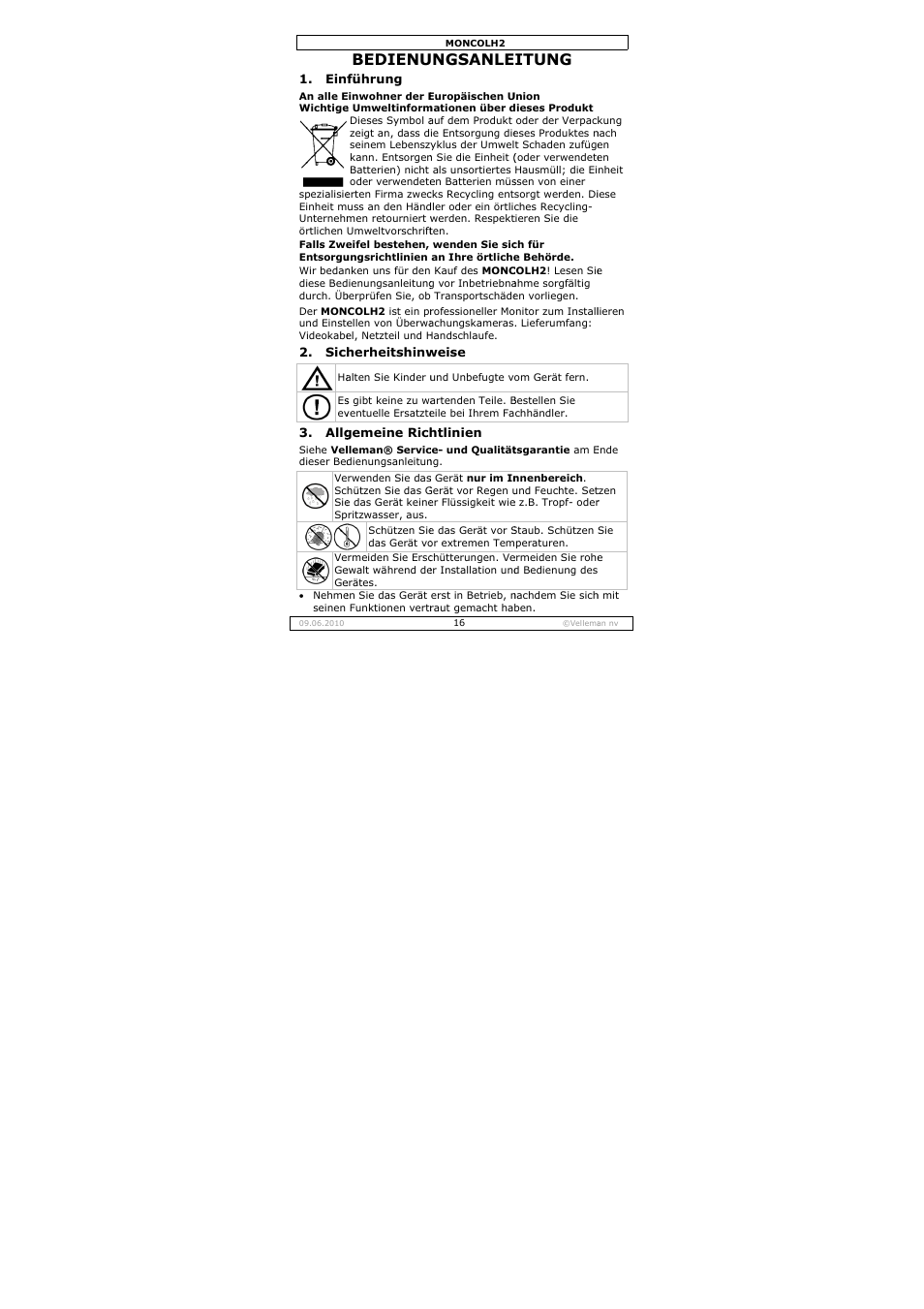 Bedienu, Ngsanle, Itung | Velleman MONCOLH2 User Manual | Page 16 / 22