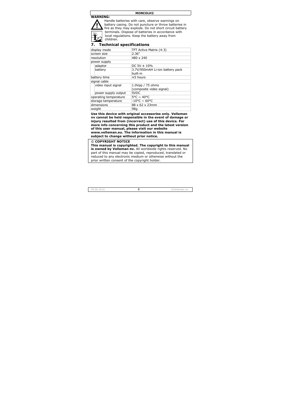 Velleman MONCOLH2 User Manual | Page 6 / 22