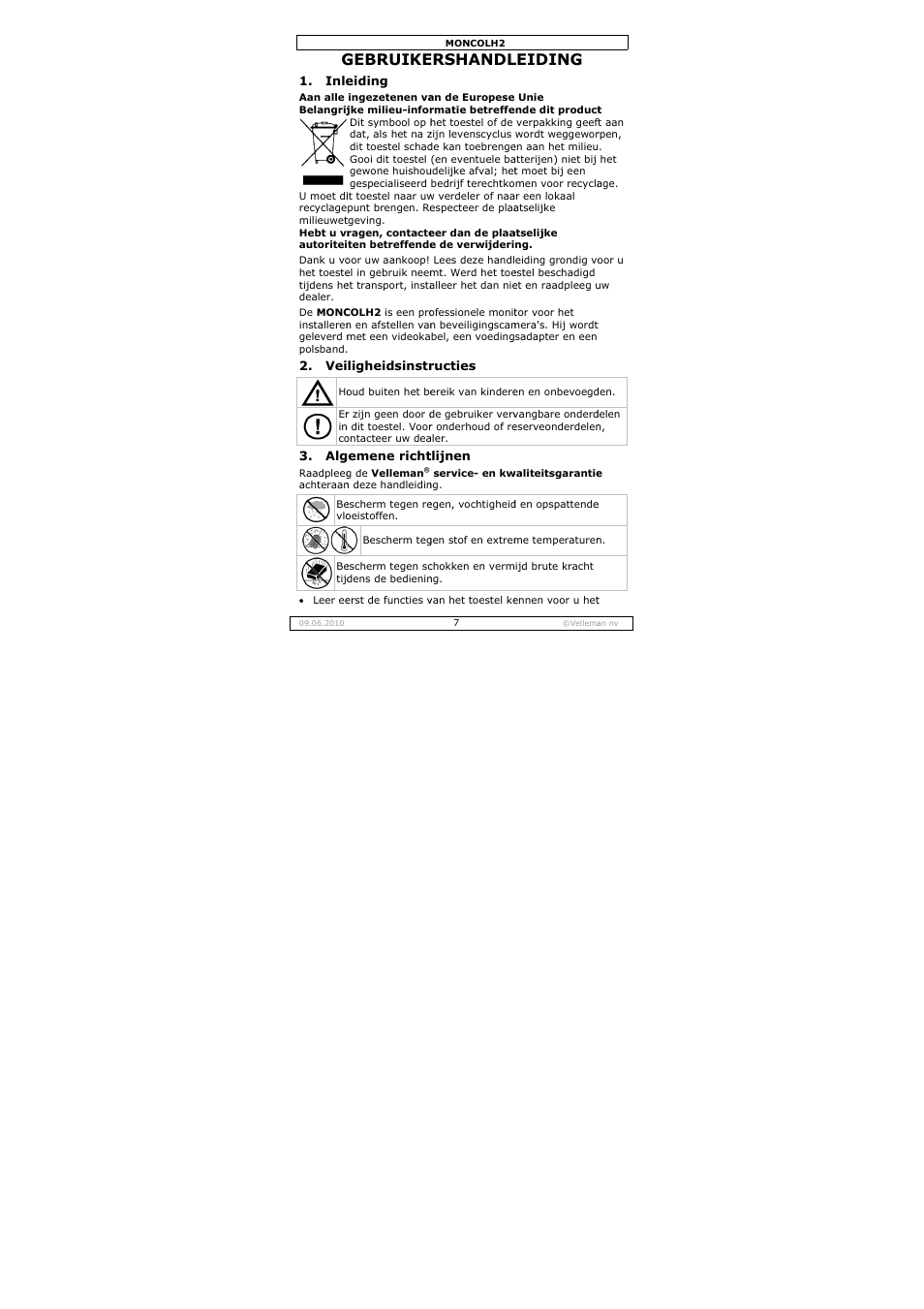 Gebruike, Ershandl, Leiding | Velleman MONCOLH2 User Manual | Page 7 / 22