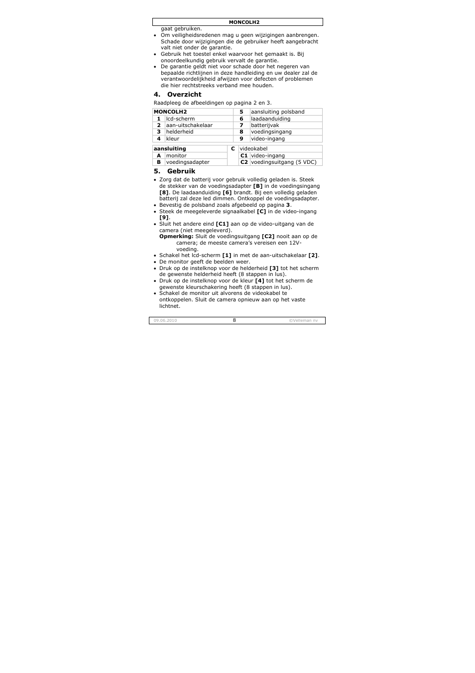 Velleman MONCOLH2 User Manual | Page 8 / 22