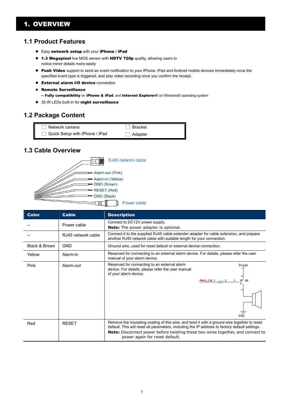 Overview 1.1 product features, 2 package content, 3 cable overview | Velleman CAMIP13 Quick Installation Guide User Manual | Page 5 / 27