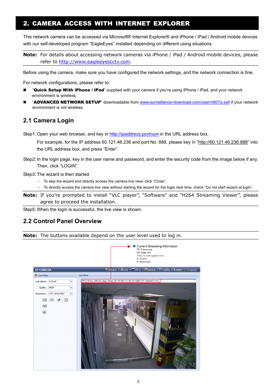 Camera access with internet explorer, 1 camera login, 2 control panel overview | Velleman CAMIP13 Quick Installation Guide User Manual | Page 6 / 27