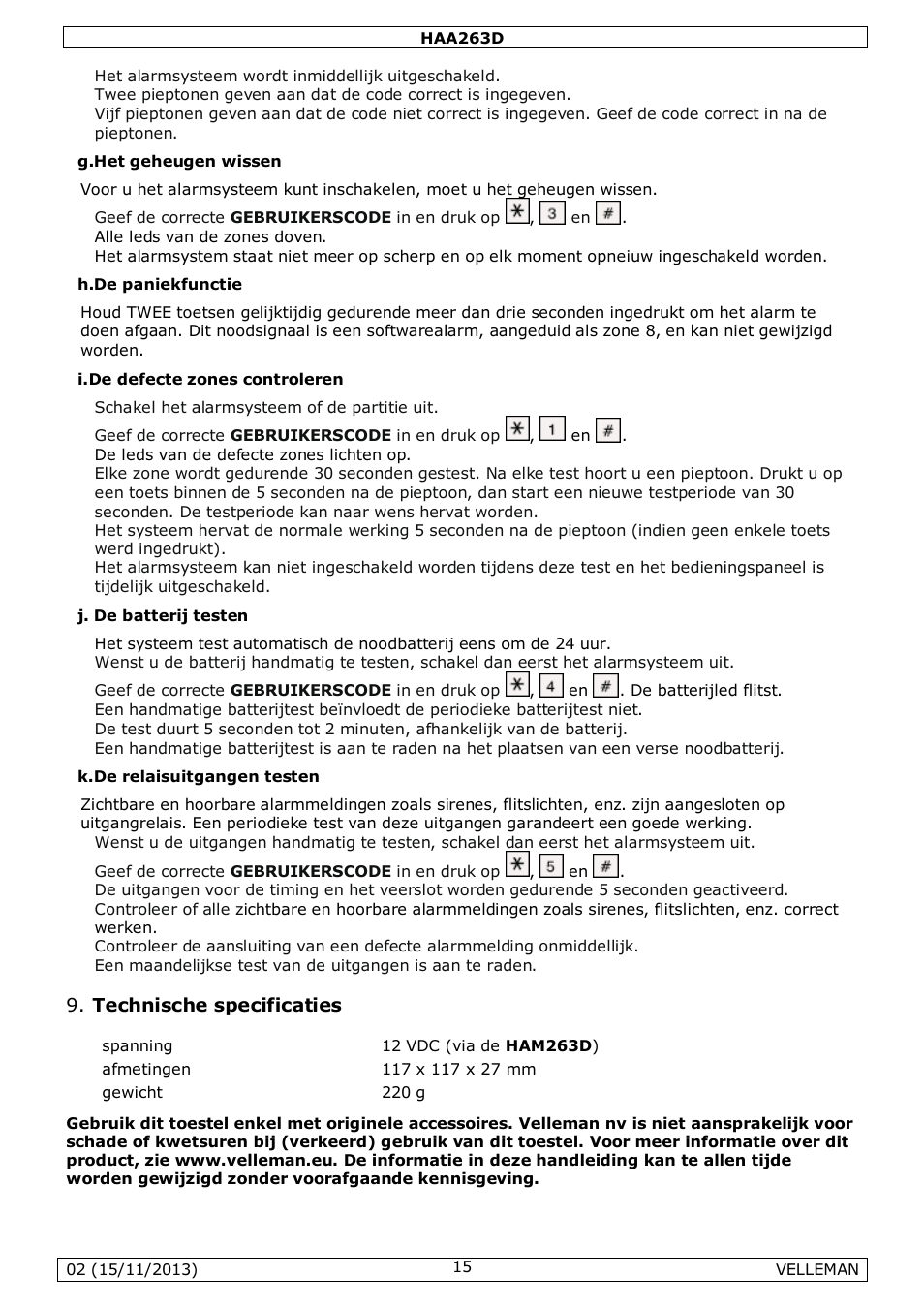 Technische specificaties | Velleman HAA263D User Manual | Page 15 / 40