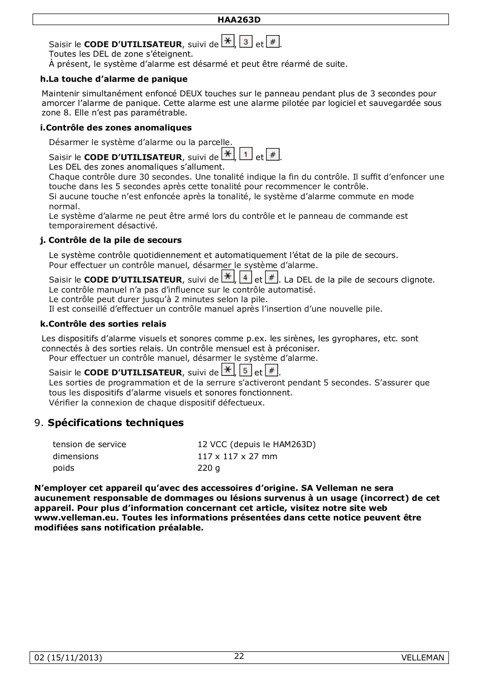 Spécifications techniques | Velleman HAA263D User Manual | Page 22 / 40