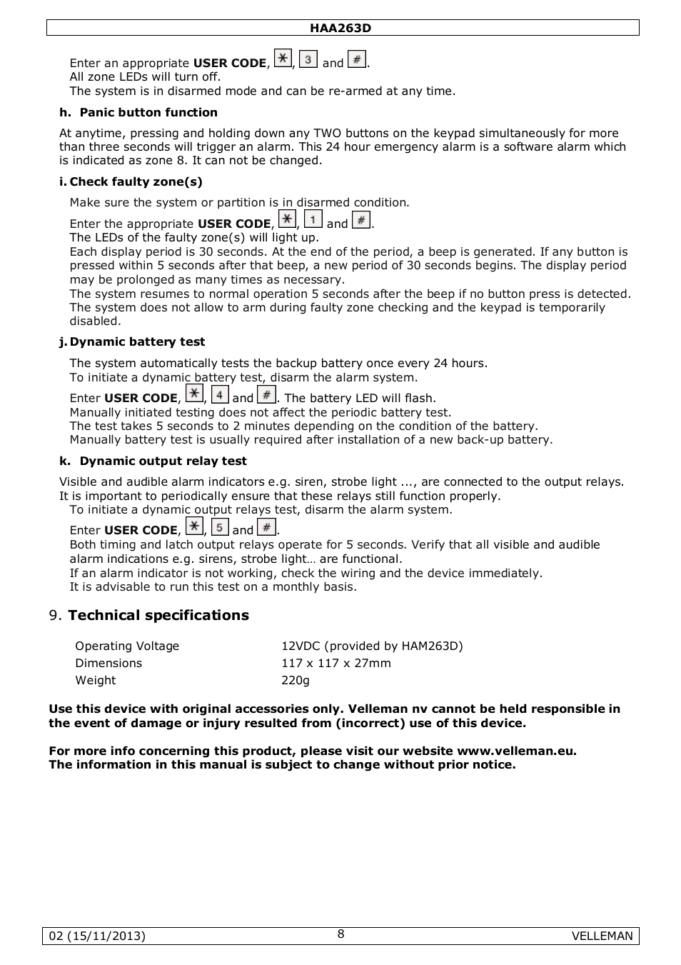 Technical specifications | Velleman HAA263D User Manual | Page 8 / 40