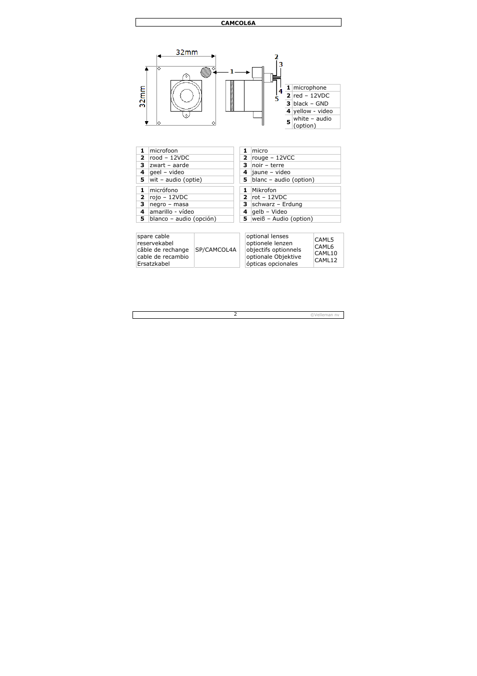 Velleman CAMCOL6A User Manual | Page 2 / 11