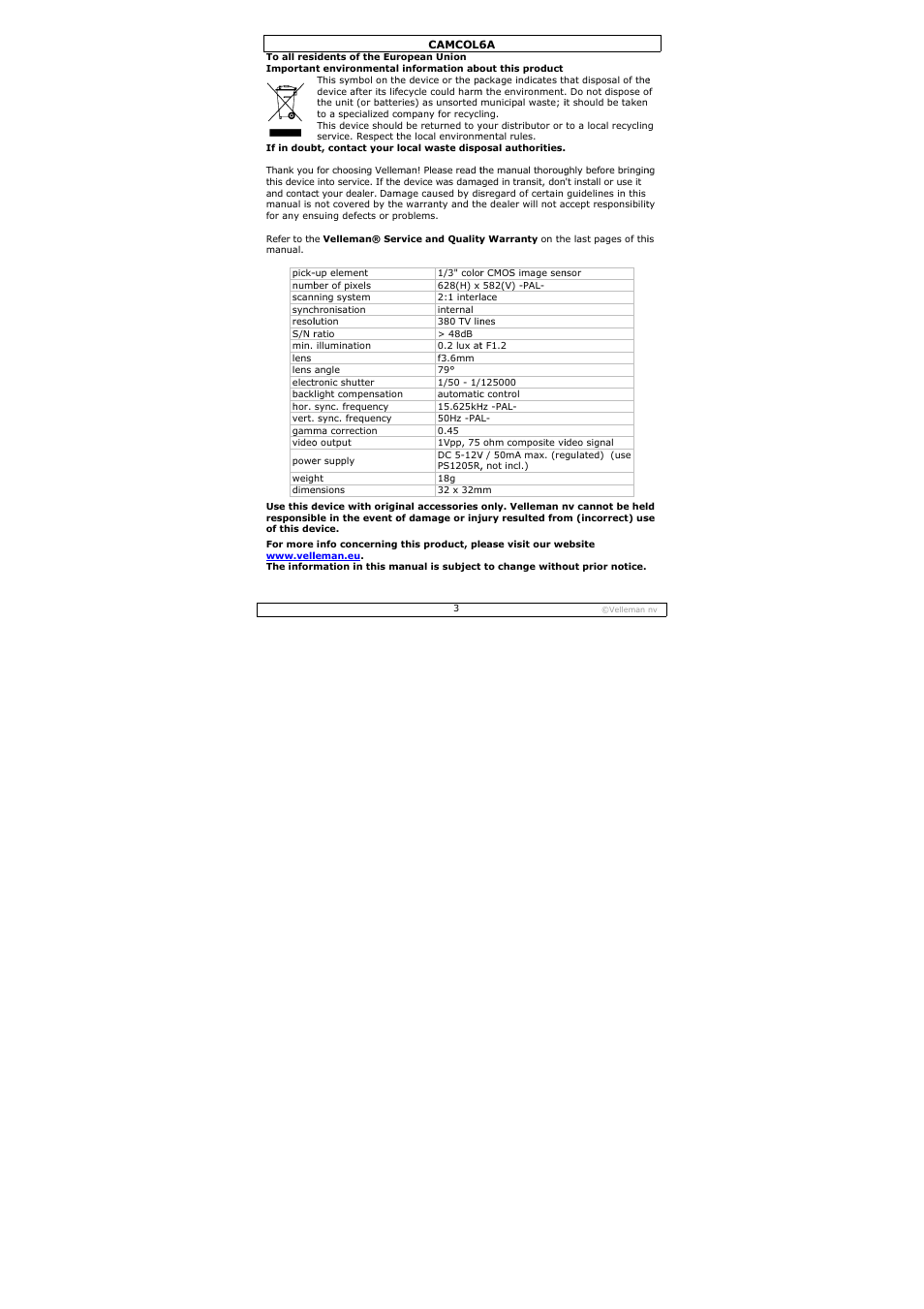 Velleman CAMCOL6A User Manual | Page 3 / 11