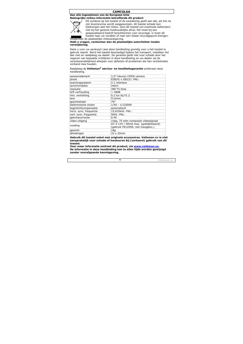 Velleman CAMCOL6A User Manual | Page 4 / 11