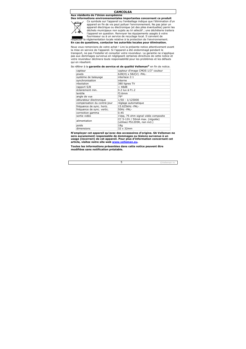 Velleman CAMCOL6A User Manual | Page 5 / 11