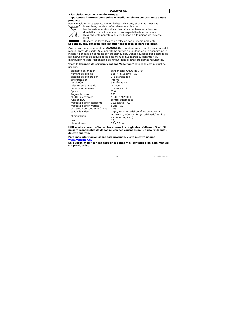 Velleman CAMCOL6A User Manual | Page 6 / 11