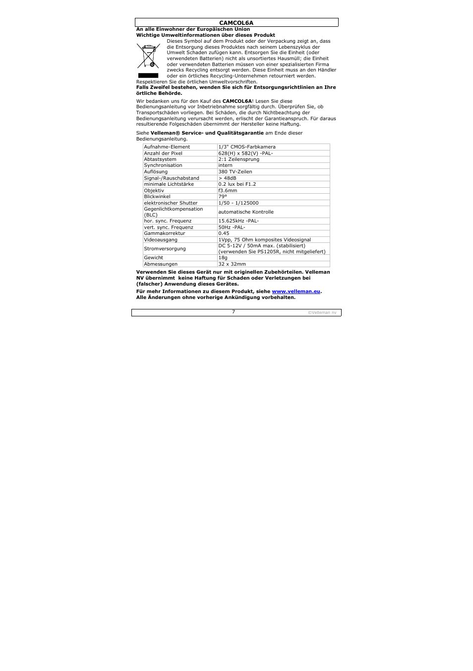 Velleman CAMCOL6A User Manual | Page 7 / 11