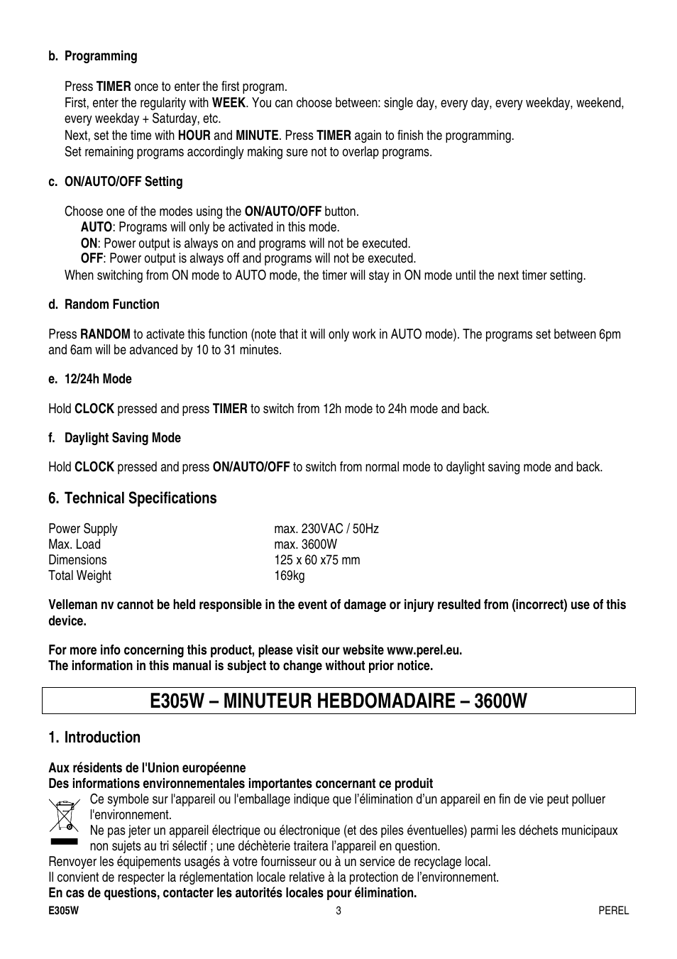 Technical specifications, Introduction | Velleman E305W User Manual | Page 3 / 10