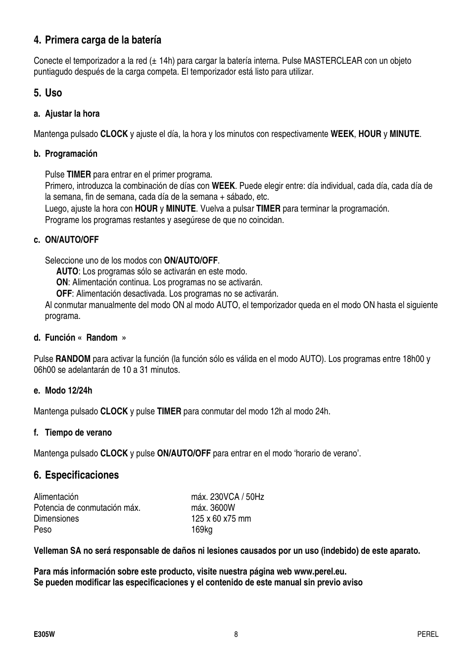 Primera carga de la batería, Especificaciones | Velleman E305W User Manual | Page 8 / 10