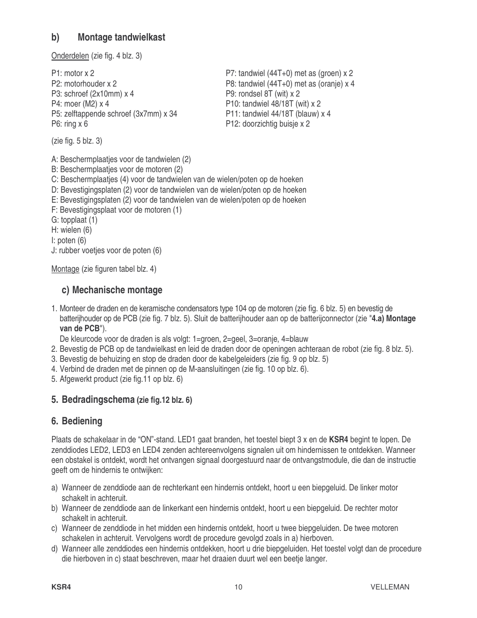 B) montage tandwielkast, C) mechanische montage, Bedradingschema | Bediening | Velleman KSR4 User Manual | Page 10 / 20