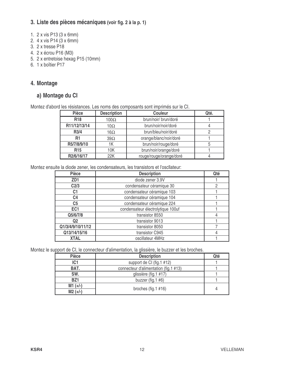 Liste des pièces mécaniques, Montage, A) montage du ci | Velleman KSR4 User Manual | Page 12 / 20