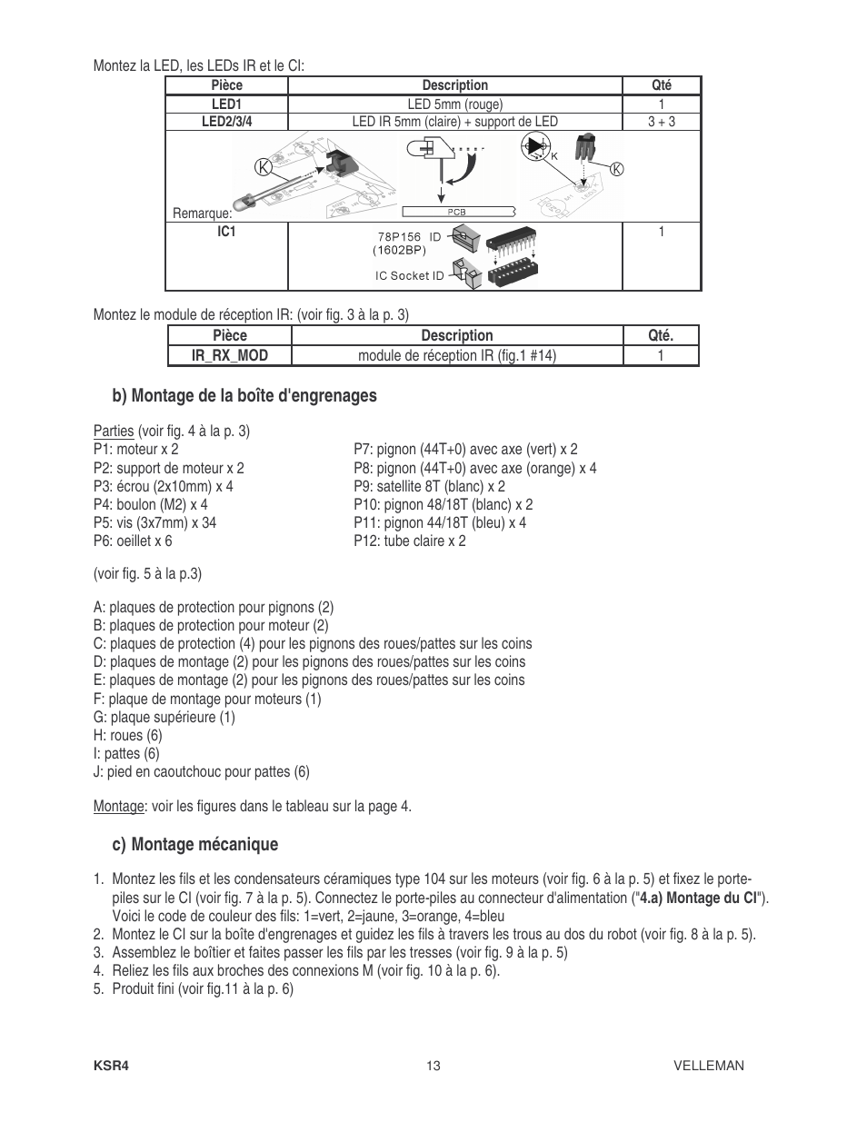 B) montage de la boîte d'engrenages, C) montage mécanique | Velleman KSR4 User Manual | Page 13 / 20