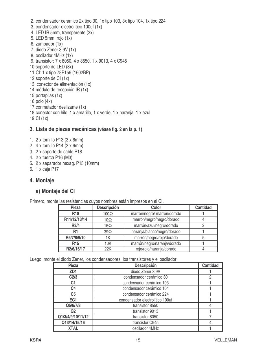 Lista de piezas mecánicas, Montaje, A) montaje del ci | Velleman KSR4 User Manual | Page 15 / 20