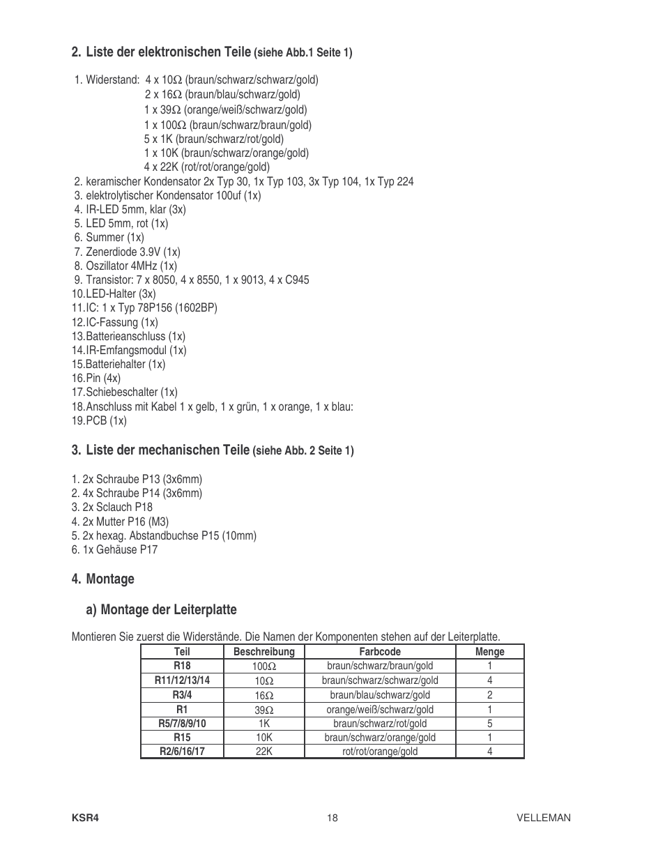 Liste der elektronischen teile, Liste der mechanischen teile, Montage | A) montage der leiterplatte | Velleman KSR4 User Manual | Page 18 / 20