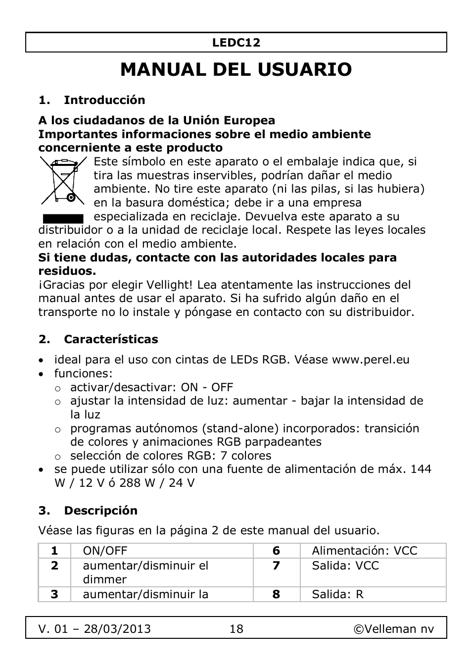 Manual del usuario, Introducción, Características | Descripción | Velleman LEDC12 User Manual | Page 18 / 45