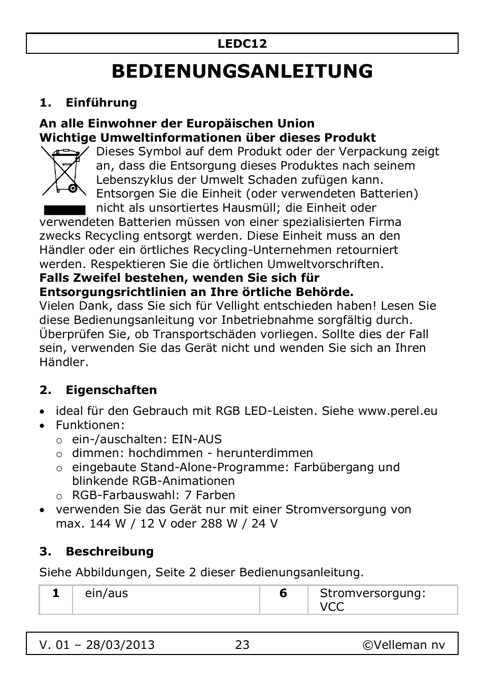 Bedienungsanleitung, Einführung, Eigenschaften | Beschreibung | Velleman LEDC12 User Manual | Page 23 / 45