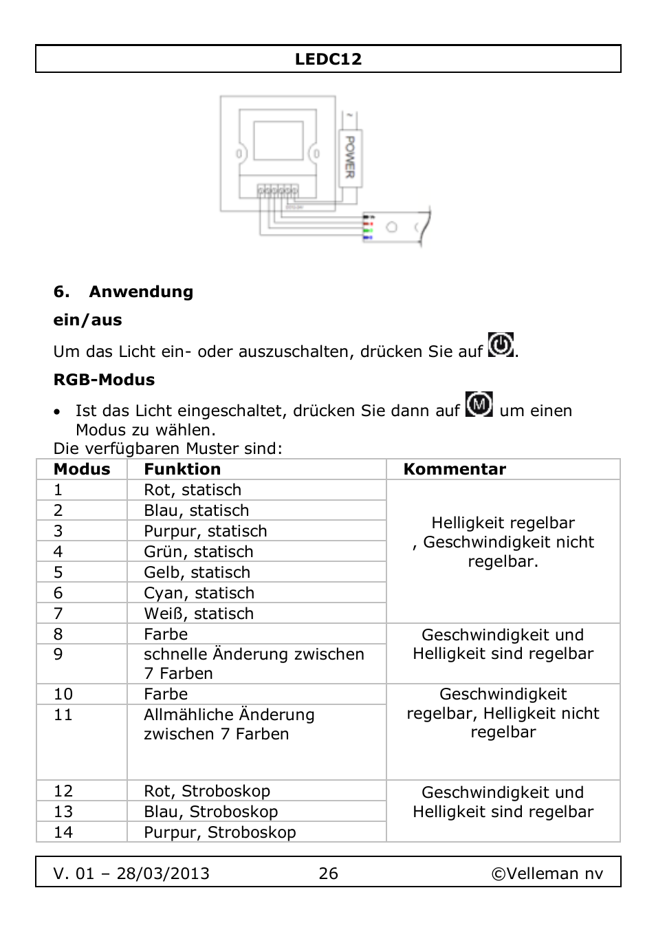 Anwendung, Ein/aus, Rgb-modus | Velleman LEDC12 User Manual | Page 26 / 45