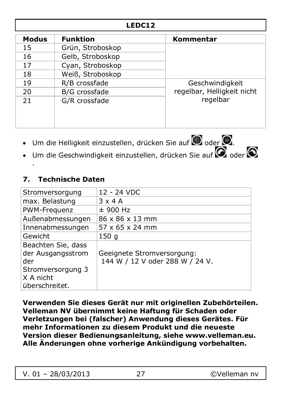 Technische daten | Velleman LEDC12 User Manual | Page 27 / 45
