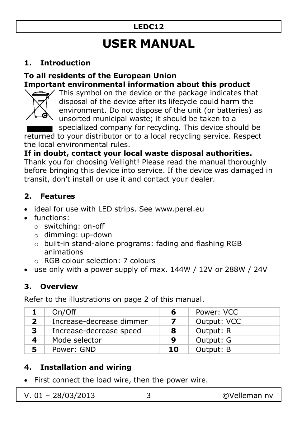 User manual, Introduction, Features | Overview, Installation and wiring | Velleman LEDC12 User Manual | Page 3 / 45