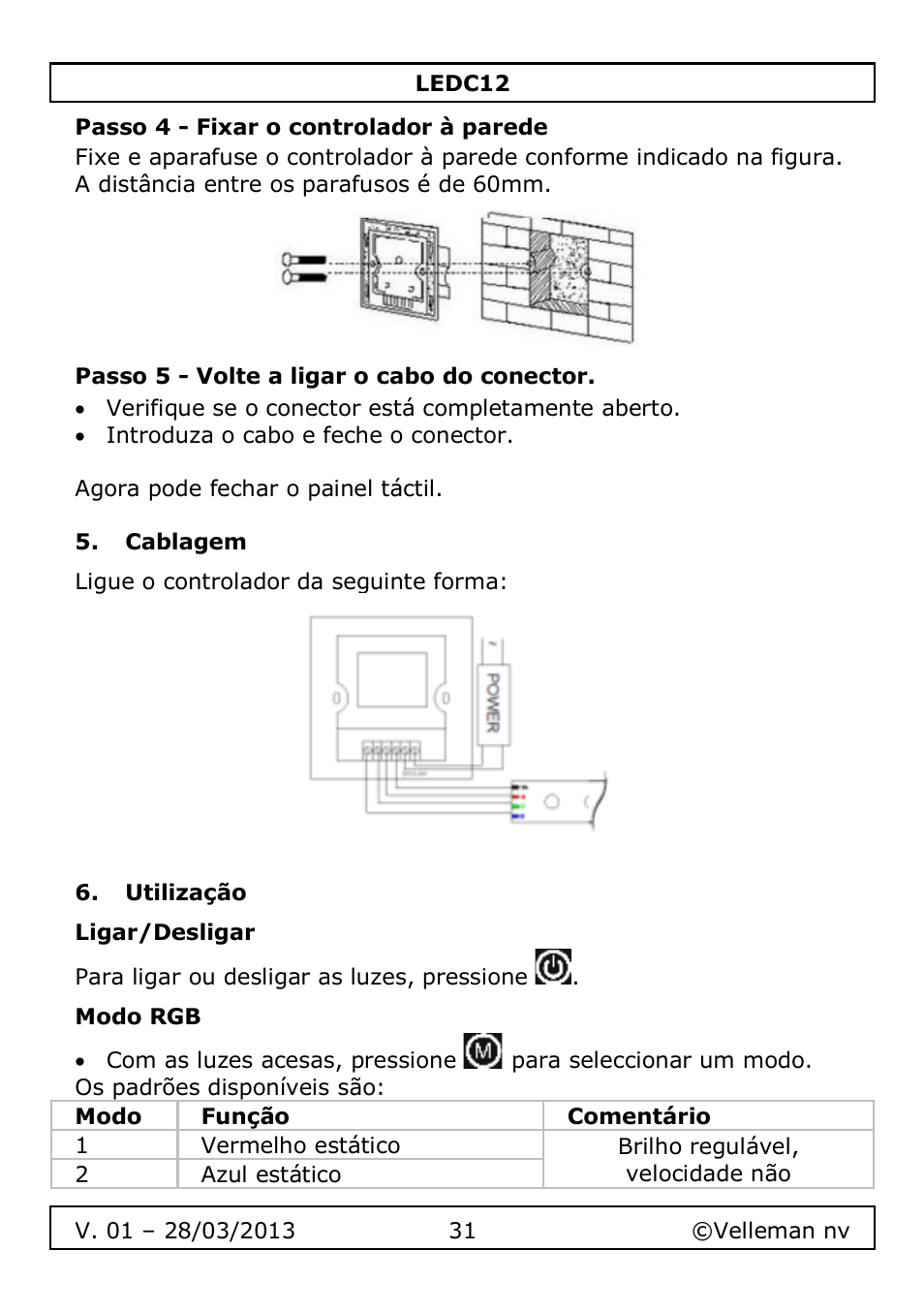 Passo 4 - fixar o controlador à parede, Passo 5 - volte a ligar o cabo do conector, Cablagem | Utilização, Ligar/desligar, Modo rgb | Velleman LEDC12 User Manual | Page 31 / 45