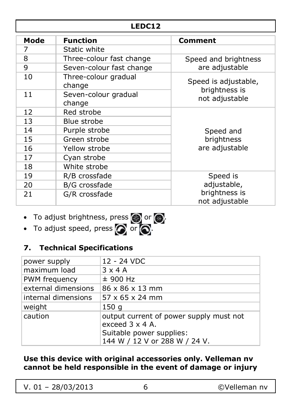 Technical specifications | Velleman LEDC12 User Manual | Page 6 / 45