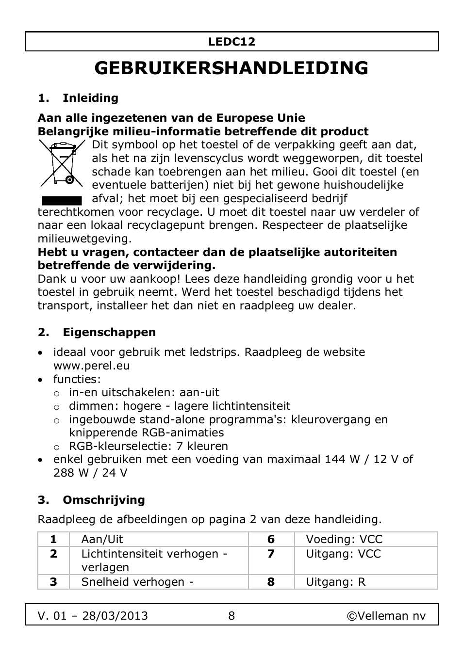 Gebruikershandleiding, Inleiding, Eigenschappen | Omschrijving | Velleman LEDC12 User Manual | Page 8 / 45