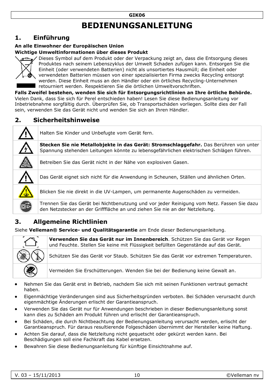 Bedienungsanleitung, Einführung, Sicherheitshinweise | Allgemeine richtlinien | Velleman GIK06 User Manual | Page 10 / 15