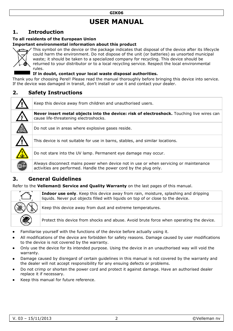 User manual, Introduction, Safety instructions | General guidelines | Velleman GIK06 User Manual | Page 2 / 15