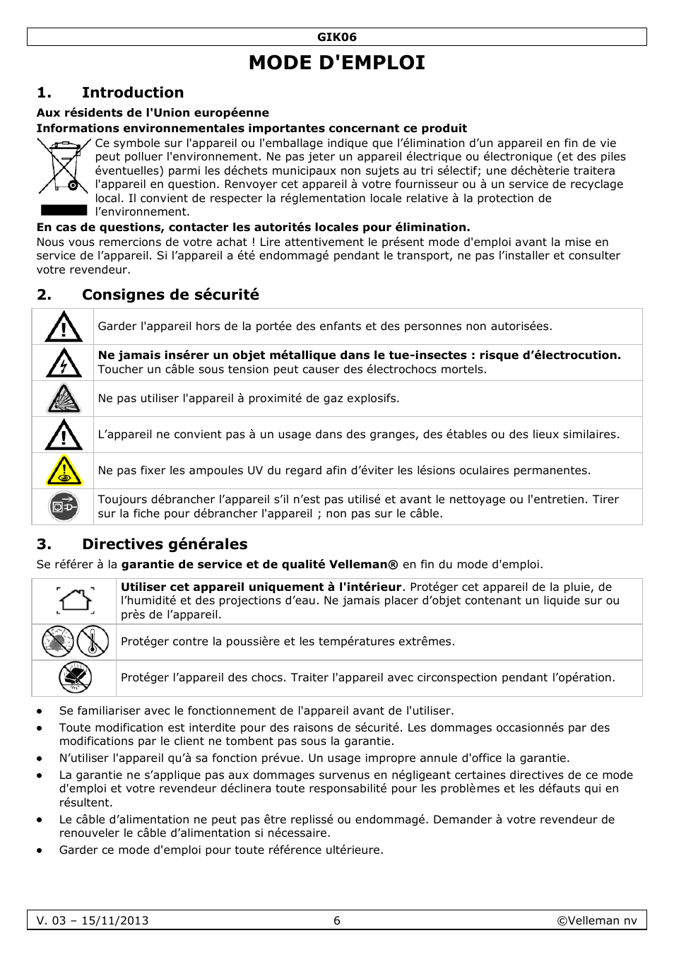 Mode d'emploi, Introduction, Consignes de sécurité | Directives générales | Velleman GIK06 User Manual | Page 6 / 15