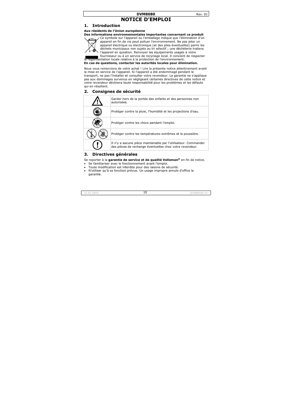 Otice d’e, Emploi | Velleman DVM8080 User Manual | Page 10 / 22