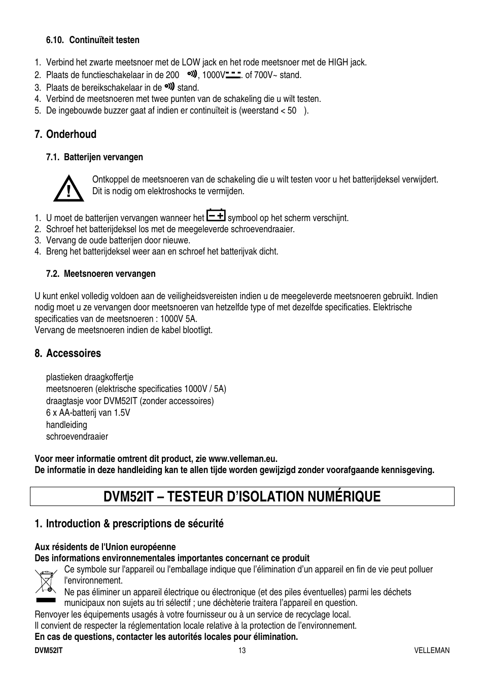 Dvm52it – testeur d’isolation numérique | Velleman DVM52IT User Manual | Page 13 / 32