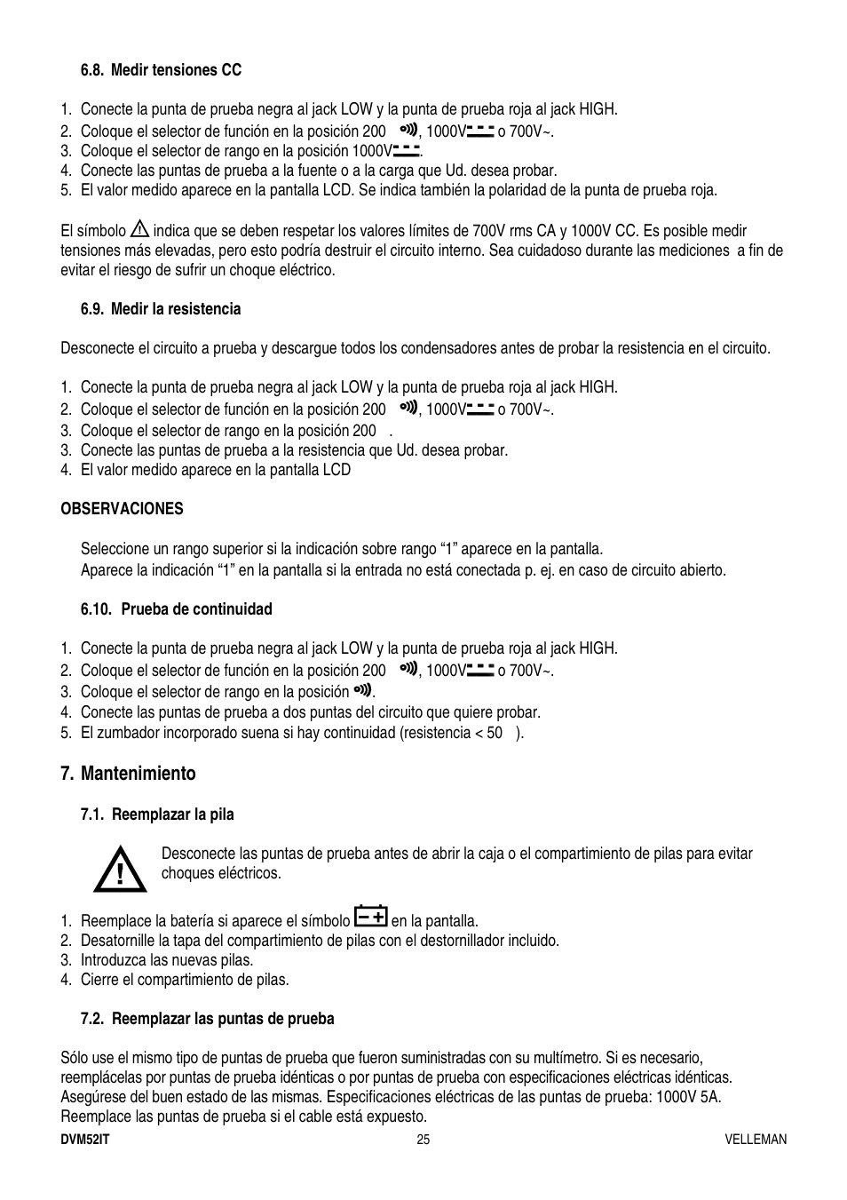 Mantenimiento | Velleman DVM52IT User Manual | Page 25 / 32