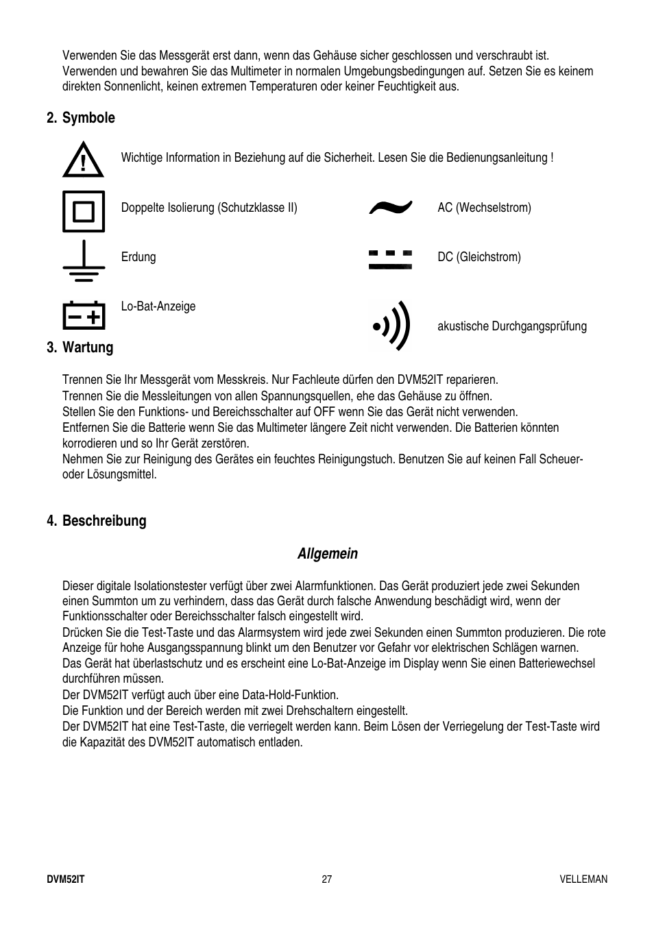 Symbole, Wartung, Beschreibung | Allgemein | Velleman DVM52IT User Manual | Page 27 / 32