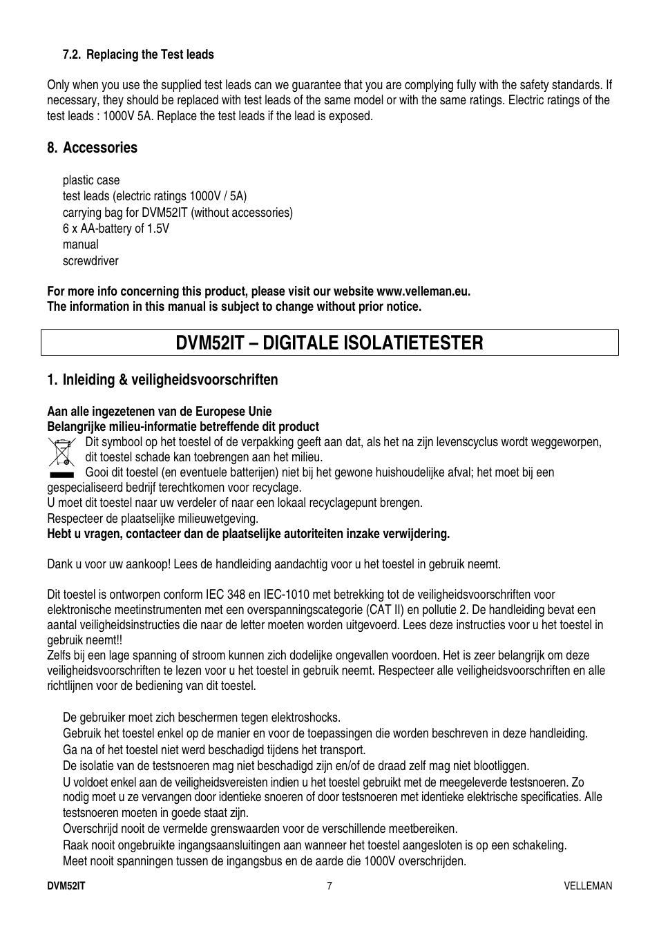 Dvm52it – digitale isolatietester | Velleman DVM52IT User Manual | Page 7 / 32