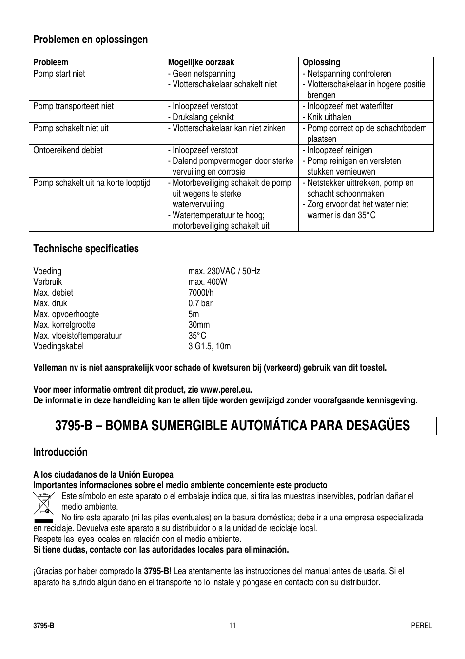 3795-b – bomba sumergible automática para desagües | Velleman GWP1 User Manual | Page 11 / 20